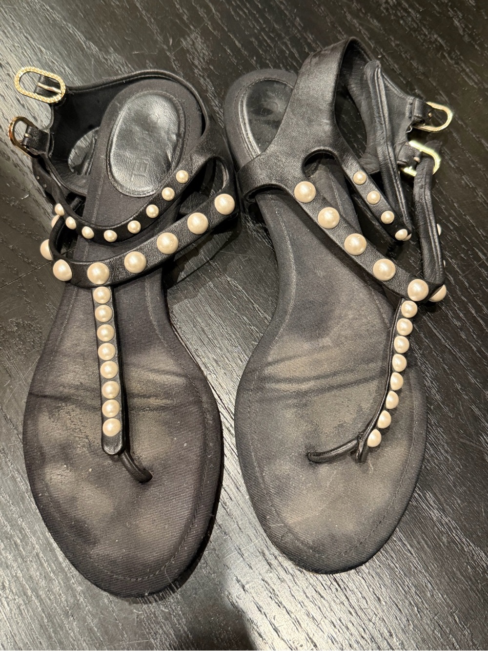 CHANEL Black Pearl-Accent T-Strap Sandals 37